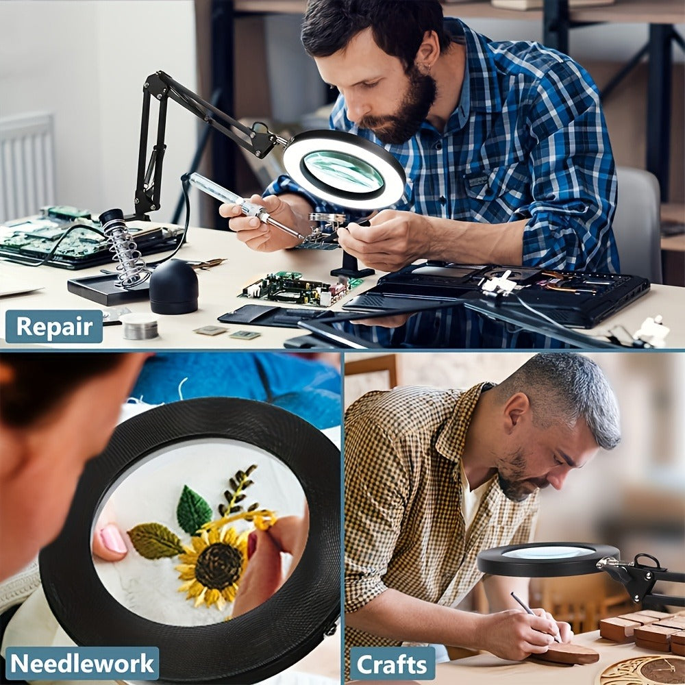 15X Magnifying Lamp with Clamp & Flexible Arm, USB LED Desk Light, 3 Color Modes 10 Brightness Levels