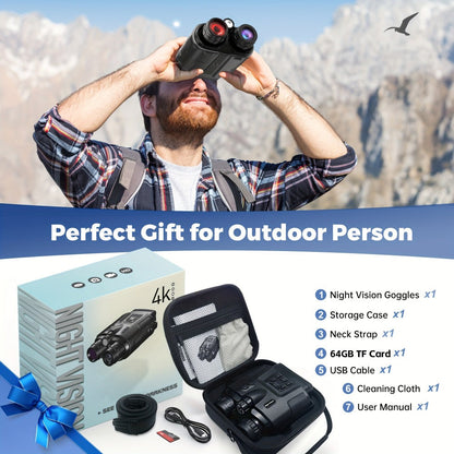 Black 4K-Labeled Night Vision Binoculars with 3-Inch Screen, 8X Digital and 5X Optical Zoom, 64GB Card and Carry Case