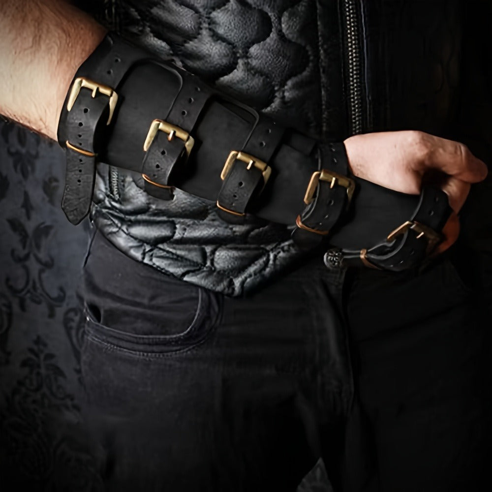 Embossed Fantasy Arm Bracer Pair in Brown with Buckle Straps for Medieval and Archer Costumes