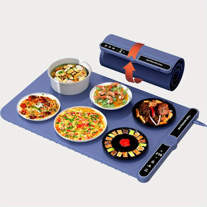 Electric Food Warming Mat with 6 Temperature Levels & 6-Hour Timer – Full Surface Roll-Up Heating Tray for Holiday Parties Buffets Dining Table Keeps Food Warm Blue Beige