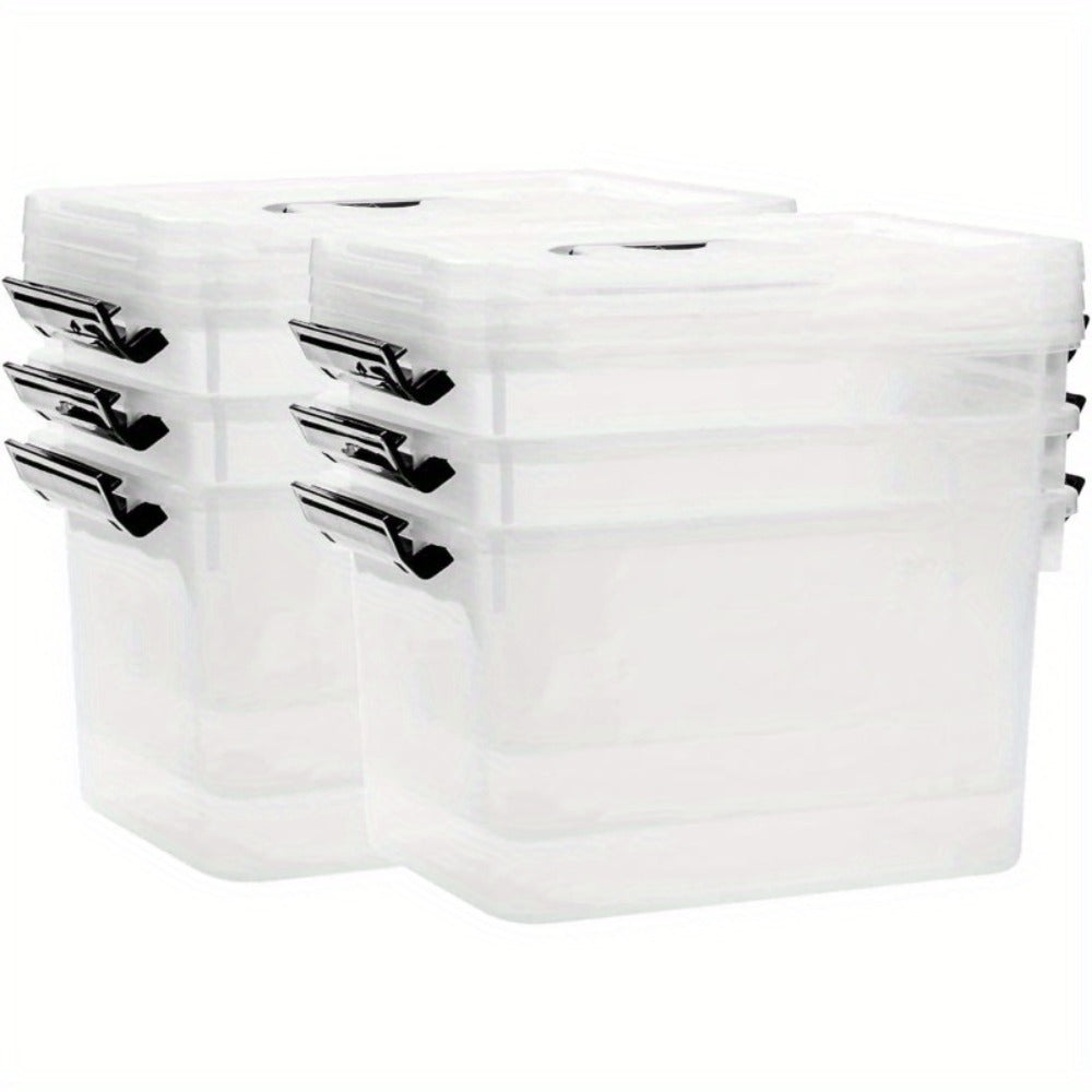 Six-Piece 6-Quart Clear Storage Box Set with Black Latches, Carry Handles and Stackable Lids