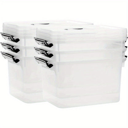 Six-Piece 6-Quart Clear Storage Box Set with Black Latches, Carry Handles and Stackable Lids