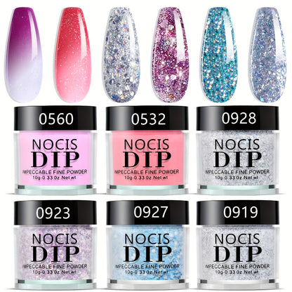 Dip Powder Nail Kit with NOCIS Label, Six 10g Thermal Color-Shift and Mixed Glitter Powder Jars