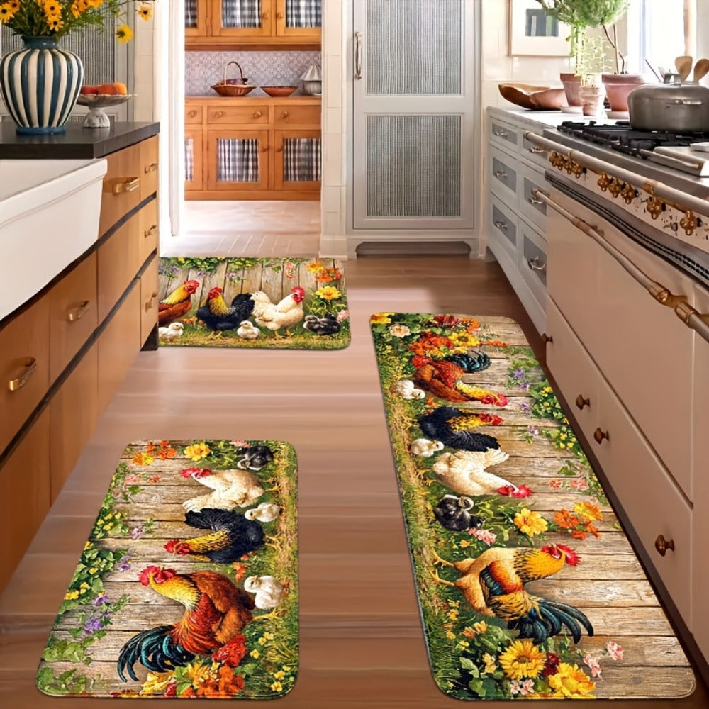 Rooster Farmhouse Kitchen Rugs in Round, Runner and 1- to 4-Piece Mat Set Size Options for Floors