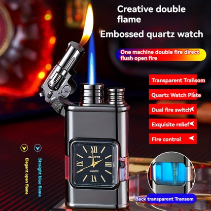 Double Flame Windproof Lighter Creative Retro Metal Lighter Dragon Eagle Gun Shape Quartz Dial Portable Outdoor Lighter Men Gift Box Butane Gas Not Included