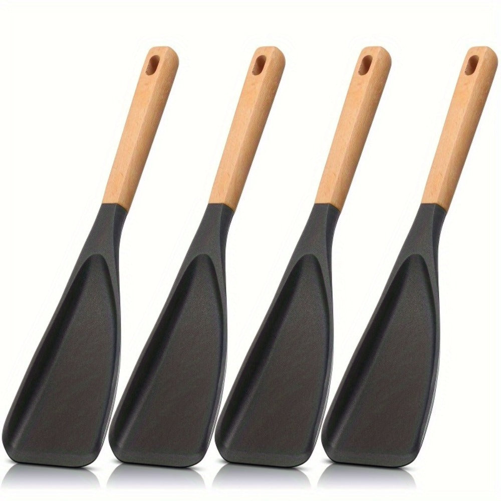 Silicone Kitchen Utensil Set 2/4 Pcs – 12-Inch Wood Handle Cooking Tools with Stay-Cool Grip for Frying, Baking, Mixing & Serving, Non-Stick Cookware Safe Spatula & Spoon Kit