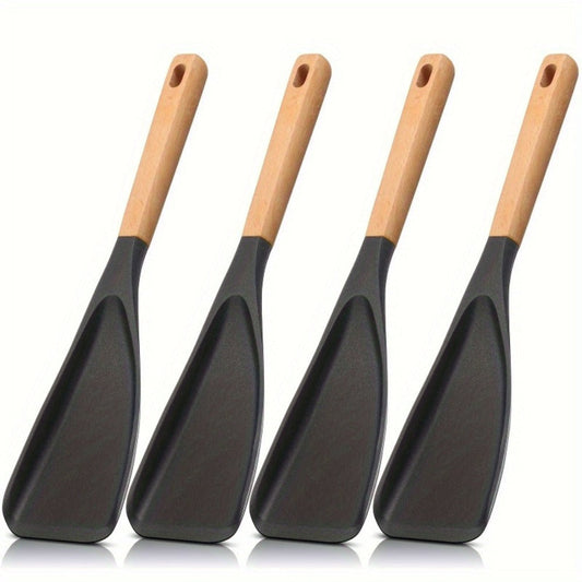 Silicone Kitchen Utensil Set 2/4 Pcs – 12-Inch Wood Handle Cooking Tools with Stay-Cool Grip for Frying, Baking, Mixing & Serving, Non-Stick Cookware Safe Spatula & Spoon Kit