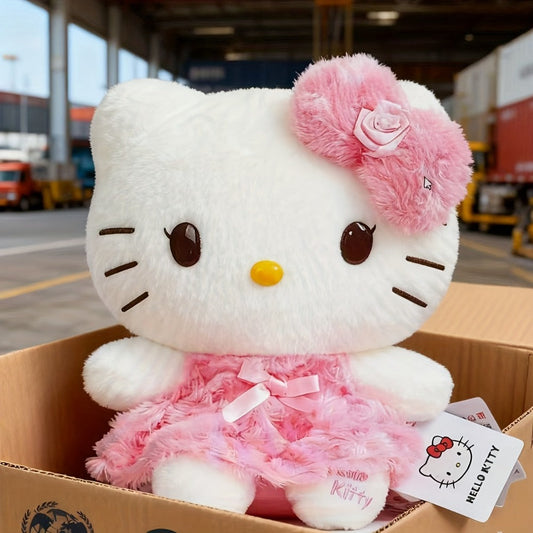Plush Toy Bow-Wearing Cat Doll in 10-Inch Pink Rose Dress with Soft Fabric and One-Piece Option