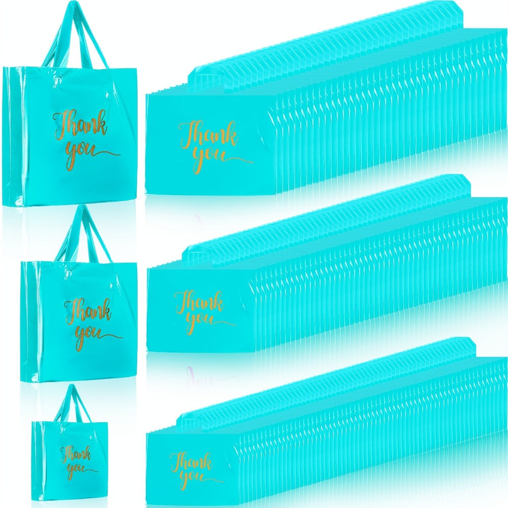 Sky Blue Thank You Plastic Shopping Bags, 200-Piece Set in 9 x 12, 12 x 15 and 15 x 18 Inch Sizes with Handles