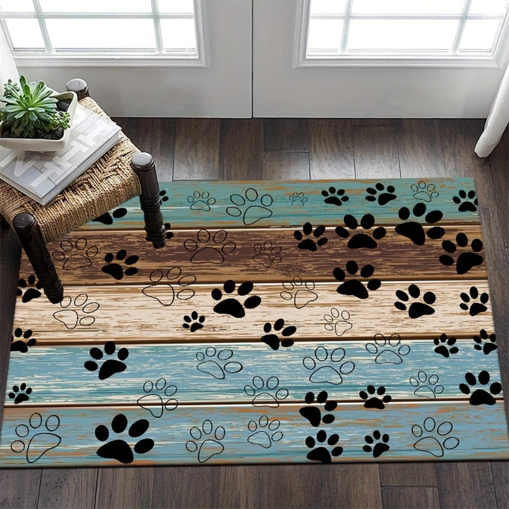 Cat Paw Print Door Mat with Blue and Brown Wood-Look Bands in Three Rectangular Entryway Sizes