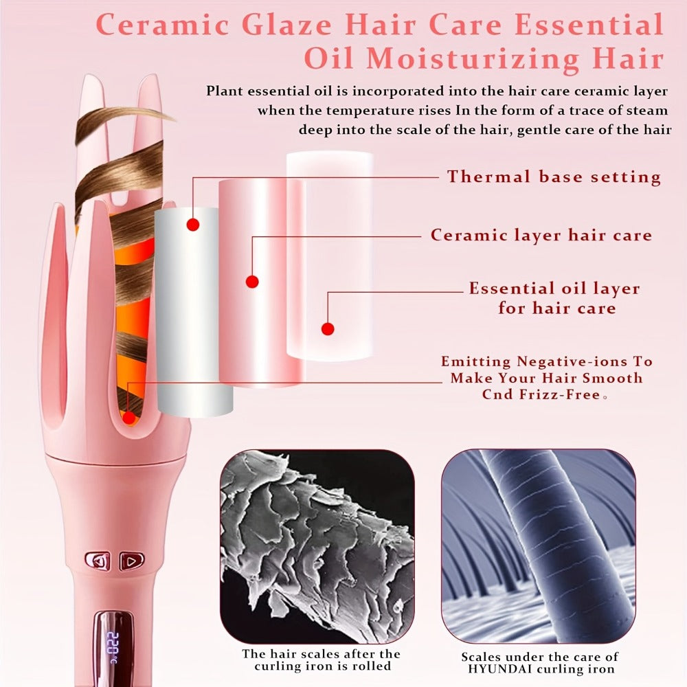 Automatic Curling Iron 32mm Essential Oil Coating – 4 Temperature Settings Anti-Scald Moisturizing Hair Curler with Hairpins & Comb for All Hair Types – Purple