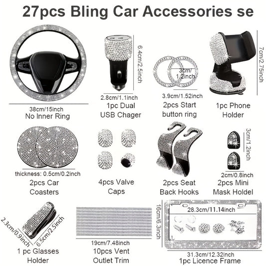 27pcs Bling Car Accessories Set for Women – Steering Wheel Cover 15", Car Coasters, License Plate Frame & Phone Holder, Glitter Interior Kit, Silver, Purple, Pink, Black, Red, Blue