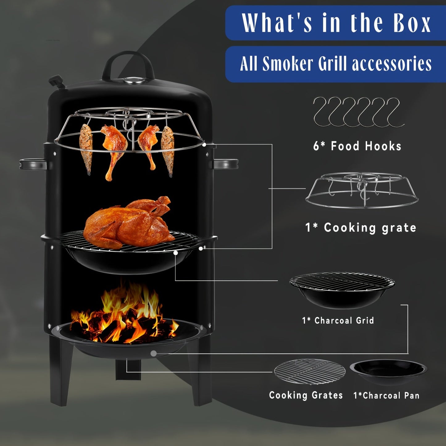 3-in-1 Barrel Charcoal Grill and Smoker with Two Access Doors, Top Vent, Thermometer and Upgrade Option