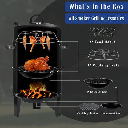 3-in-1 Barrel Charcoal Grill and Smoker with Two Access Doors, Top Vent, Thermometer and Upgrade Option