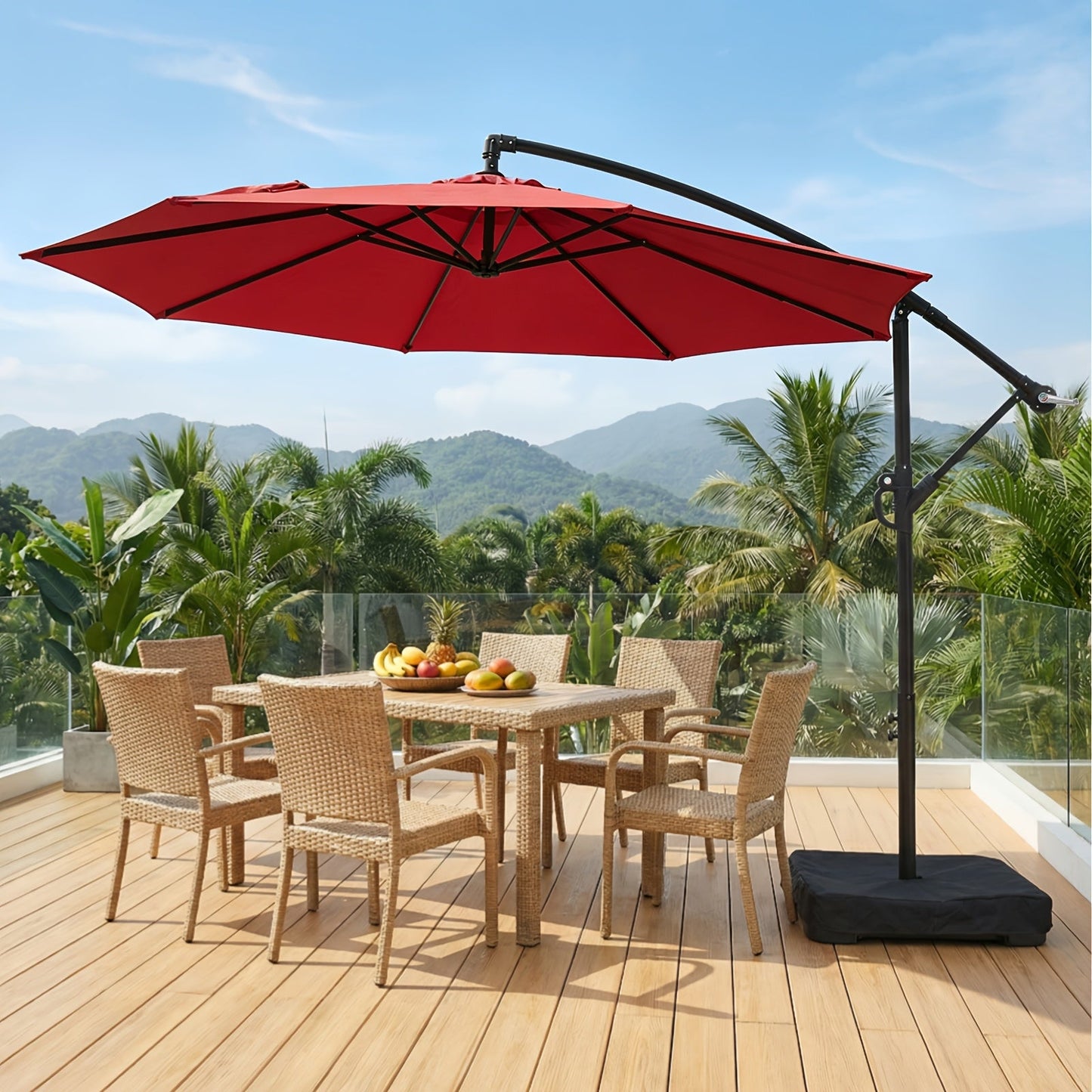 Patio Umbrella 10FT Cantilever Hanging Style with Crank, Push Tilt and Variant-Specific Cross Base