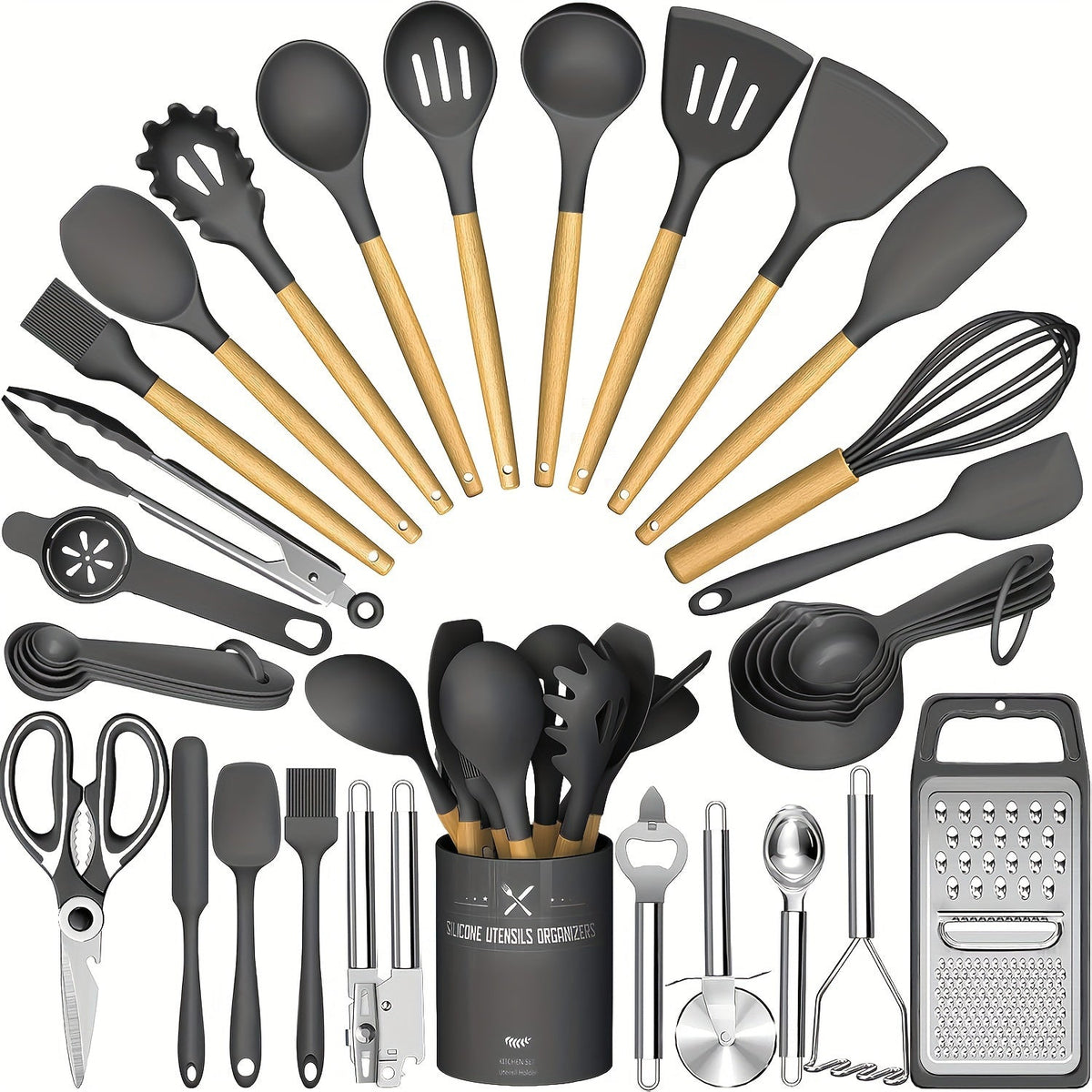 Silicone Kitchen Utensils Set 34-Piece with Holder, Heat Resistant Cooking Spatula Tools for Nonstick Cookware