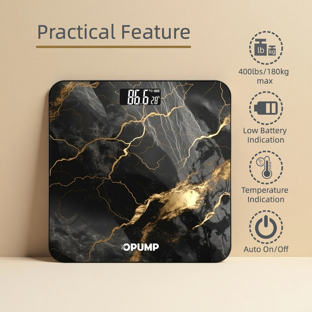 OPUMP Bathroom Scale 400lb – Highly Accurate Digital Body Weight Scale with Backlit LED Display, Batteries Included, Measures up to 400lb/180kg, Multiple Colors – Black Marble, Bronze, Sapphire & More