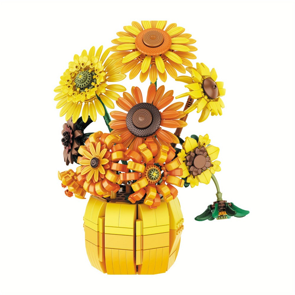Sunflower Bouquet Building Blocks Set with 1009-Piece Checkout Label, Adjustable Petals and Yellow Vase Display