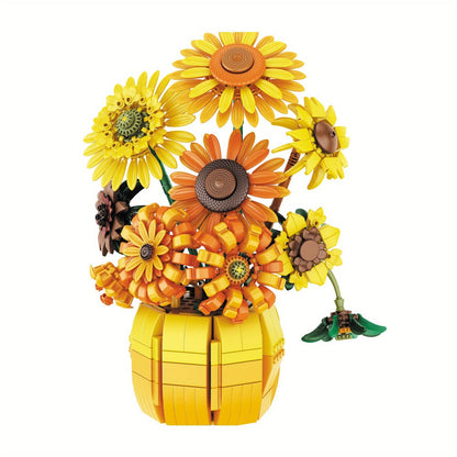Sunflower Bouquet Building Blocks Set with 1009-Piece Checkout Label, Adjustable Petals and Yellow Vase Display