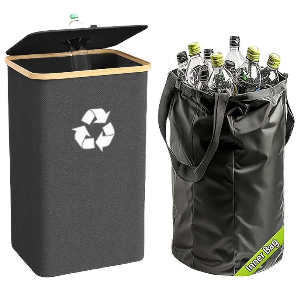 Collapsible 100L Recycling Bin with Lid and Removable Inner Bag in Black or Dark Gray for Home Sorting