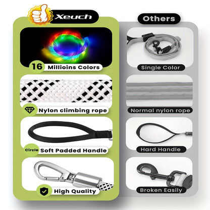 LED Dog Leash 4FT Light Up with 13 Lighting Modes & Tangle-Free Hook, Rechargeable Glow in the Dark Night Walking Leash for Small Medium Large Dogs, USB Rechargeable Pet Safety Leash