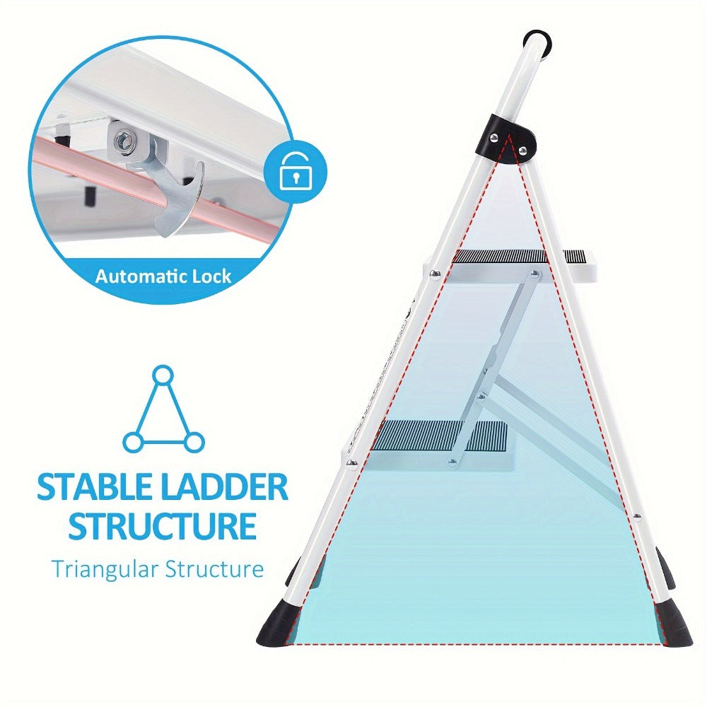 Two-Step Folding Step Ladder in White or Red with Wide Tread Platforms and Curved Safety Handle
