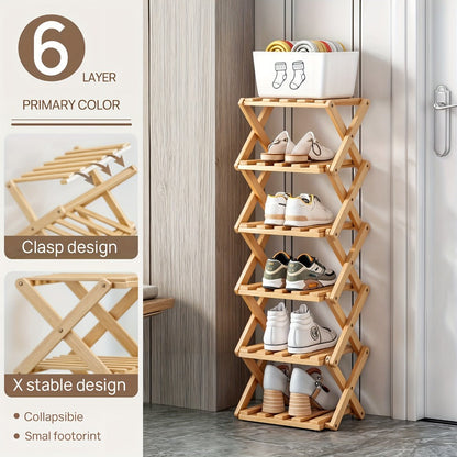 Foldable Bamboo-Labeled Shoe Rack with Six- or Eight-Tier Primary and Brown Checkout Options