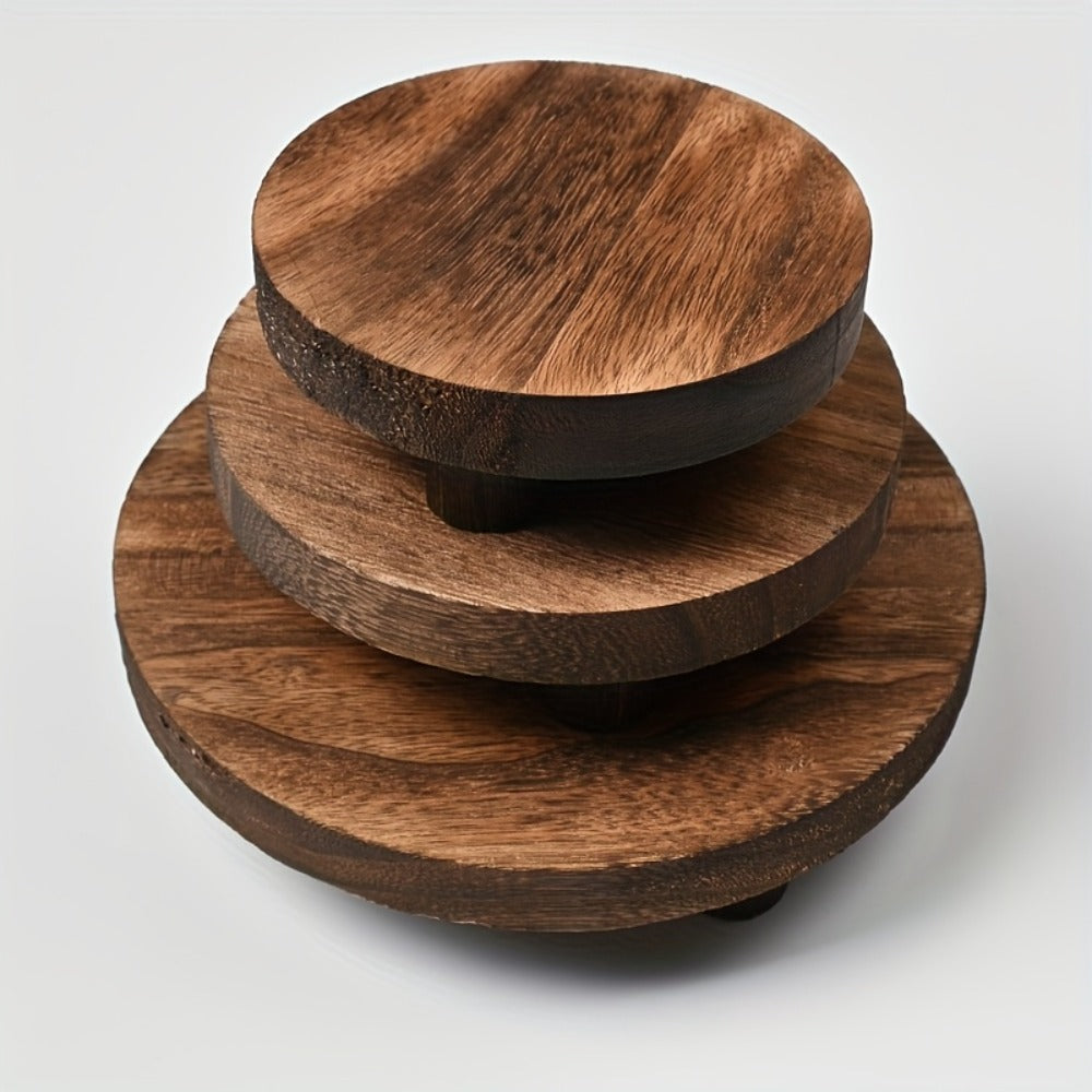 Round Wooden Display Risers, 3-Piece Rustic Pedestal Stand Set in 5, 6 and 7.7-Inch Sizes for Plants and Home Decor