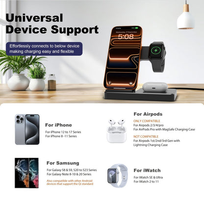 Foldable 3-in-1 Wireless Charging Station with LED Indicator & Anti-Slip Fast Charge for iPhone 17 16 15 14 13 12 11 Pro Max XR XS, Apple Watch Ultra Series 11 10 9 8 7 6 5 SE, AirPods 4 3 2 Pro & Samsung Galaxy – Black White, With/Without Adapter