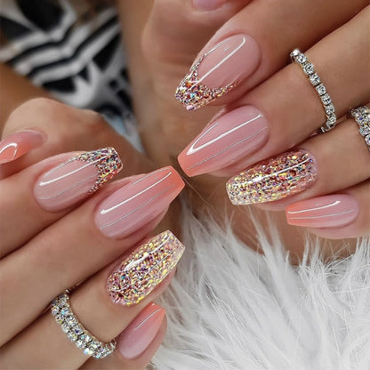 Glitter Sequin Press On Nails 120pcs Coffin Medium Length 5 Packs – Sparkling Pinkish Purple Glossy Full Cover False Nails | Glamorous Nail Art Kit for Women | Party Wedding Bridal Manicure Set