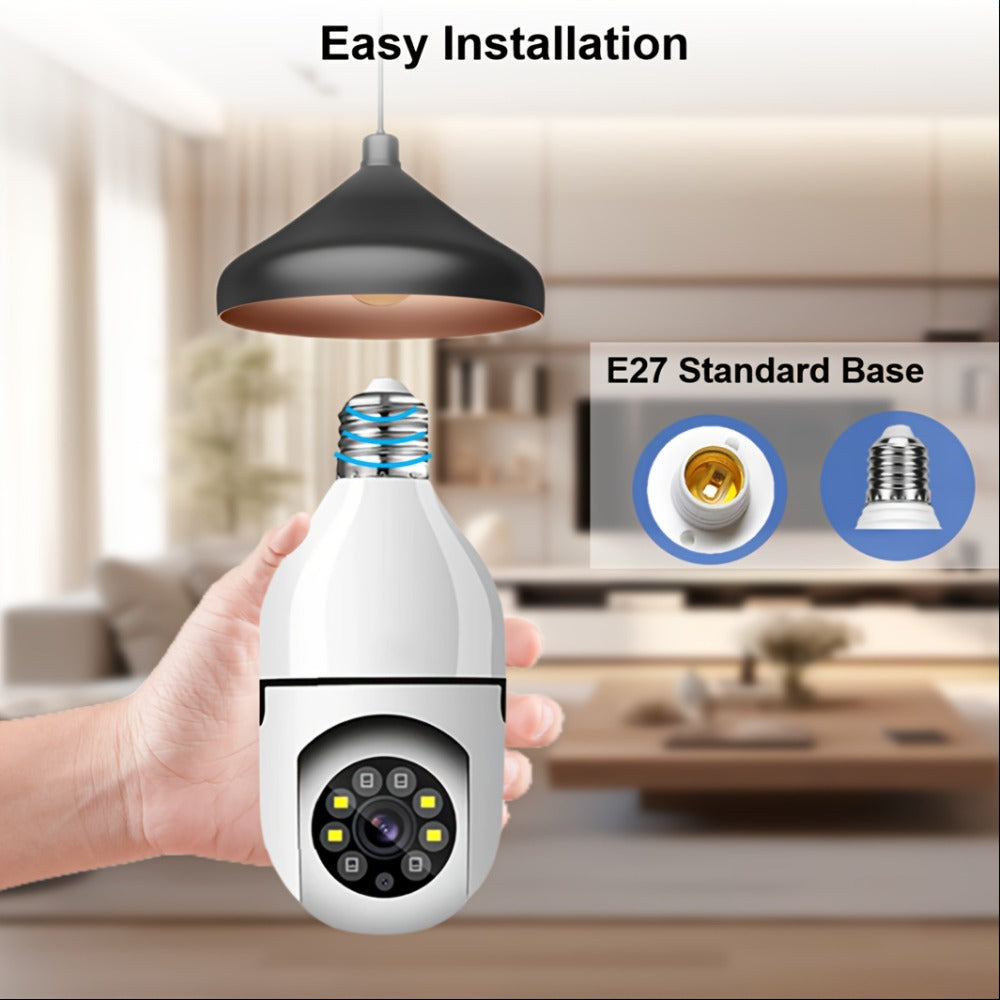 E27 Bulb Camera 360° Pan & Tilt 3MP 1080P, Full-Color Night Vision, Two-Way Audio, Motion Detection, WiFi App Control, Cloud & TF Card Storage – Indoor Home Security Light Bulb Camera