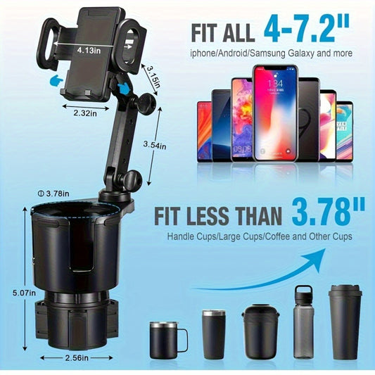 2-in-1 Car Phone Holder & Cup Holder Extender – Swivel Rotating Mount with Shock-Absorbing Trim, Universal for Cars, SUVs & Trucks, Black