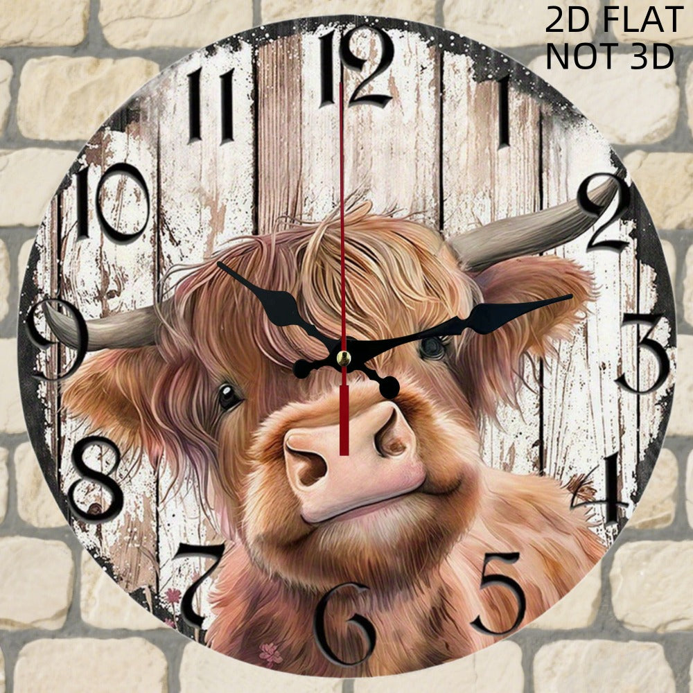 Wooden Wall Clock 10 Inch – Silent Non-Ticking Round Wood Clock with Cute Cow Face Design, Farmhouse Rustic Decor for Living Room, Bedroom, Kitchen & Office, Unique Animal Art Wall Decor Gift