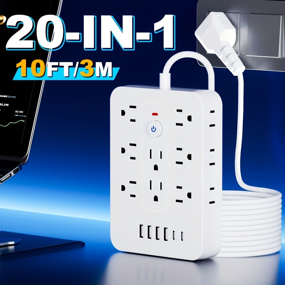 Compact Flat Plug Power Strip 20-in-1, 14 AC Outlets & 6 USB Ports (4 USB-A + 2 USB-C), Lightning Surge Protection
