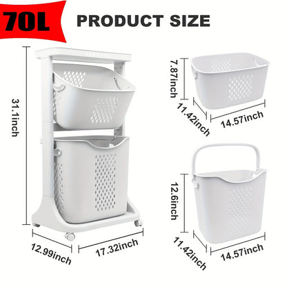 Two-Tier Rolling Laundry Hamper Cart with Removable Baskets for Bathrooms, Bedrooms and Laundry Rooms