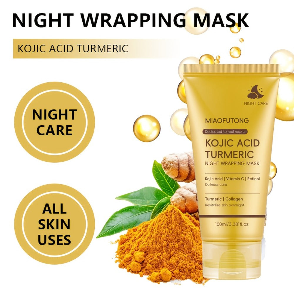 Kojic Acid Turmeric Face Mask with Vitamin C — Brightening Peeling Mask for Dark Spots, Deep Cleansing, Oil Control & Glowing Skin, Alcohol-Free, All Skin Types, 100ml with Brush