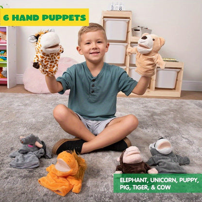 Six-Piece Zoo Animal Hand Puppet Set with Brown, Orange, Spotted and Gray Character Designs