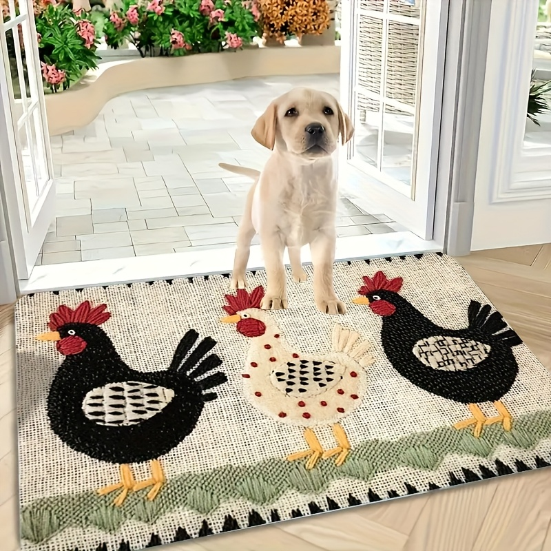 Rooster Print Door Mat with Light Striped Field and Fringed-Look Border in Three Rectangles or One Runner