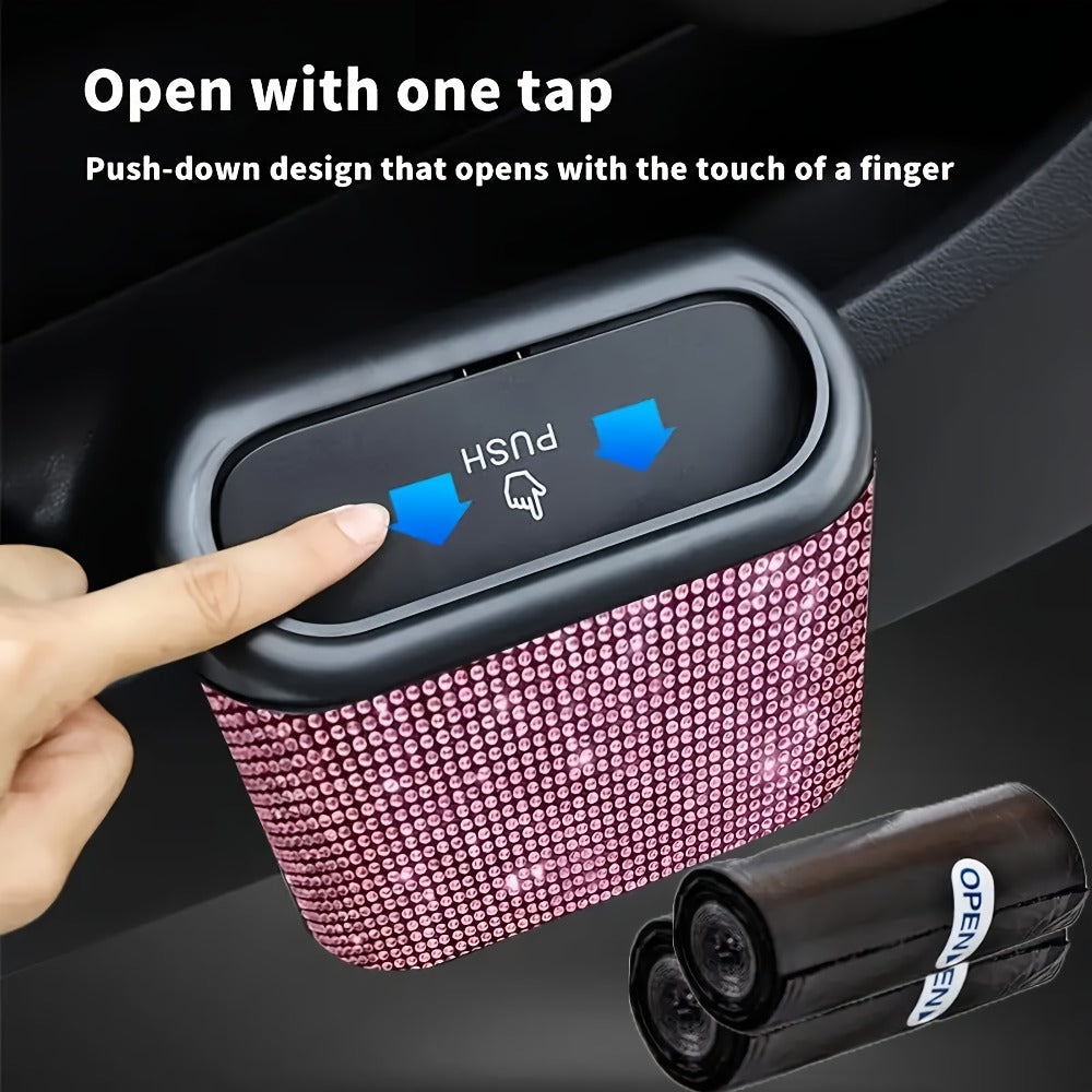 Car Trash Can with Lid & Rhinestone Bling – Hanging Leakproof Auto Garbage Bin with 2 Trash Bags, Concealed Interior Storage for Vehicle Door, Seat Back, Home & Office (3pcs Set)