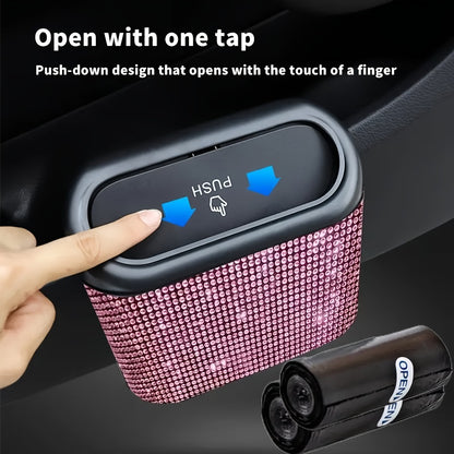 Car Trash Can with Lid & Rhinestone Bling – Hanging Leakproof Auto Garbage Bin with 2 Trash Bags, Concealed Interior Storage for Vehicle Door, Seat Back, Home & Office (3pcs Set)