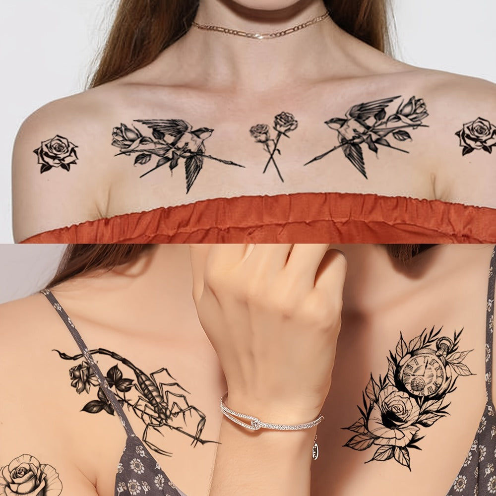 Floral Temporary Tattoos for Women 44-Pack | Realistic Butterfly Snake Half Arm Body Art Stickers | Large & Small Sheets Waterproof Long-Lasting Fake Tattoo | Black Flower Design Set for Adults Teens