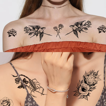 Floral Temporary Tattoos for Women 44-Pack | Realistic Butterfly Snake Half Arm Body Art Stickers | Large & Small Sheets Waterproof Long-Lasting Fake Tattoo | Black Flower Design Set for Adults Teens