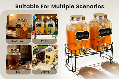 Two 1-Gallon Glass Beverage Dispensers with Spigots and Raised Metal Stand for Parties and Events