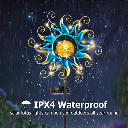 Solar Garden Lights Blue Sun-Shaped LED Stake, IPX4 Rated with Separate Solar Panel for Path Decor