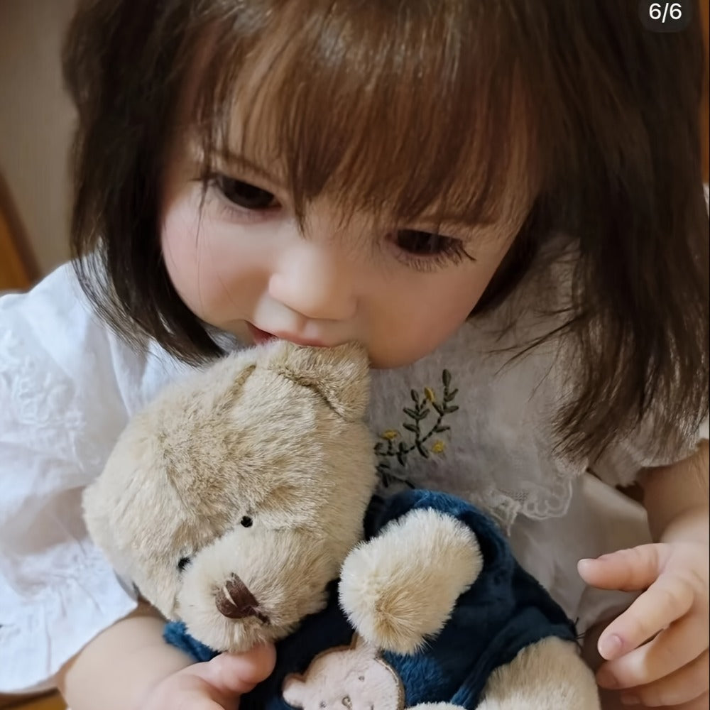 Reborn Baby Doll 24-Inch Cloth Body with Vinyl Limbs, Rooted Brown Hair, Open Eyes, Outfit and Feeding Accessories