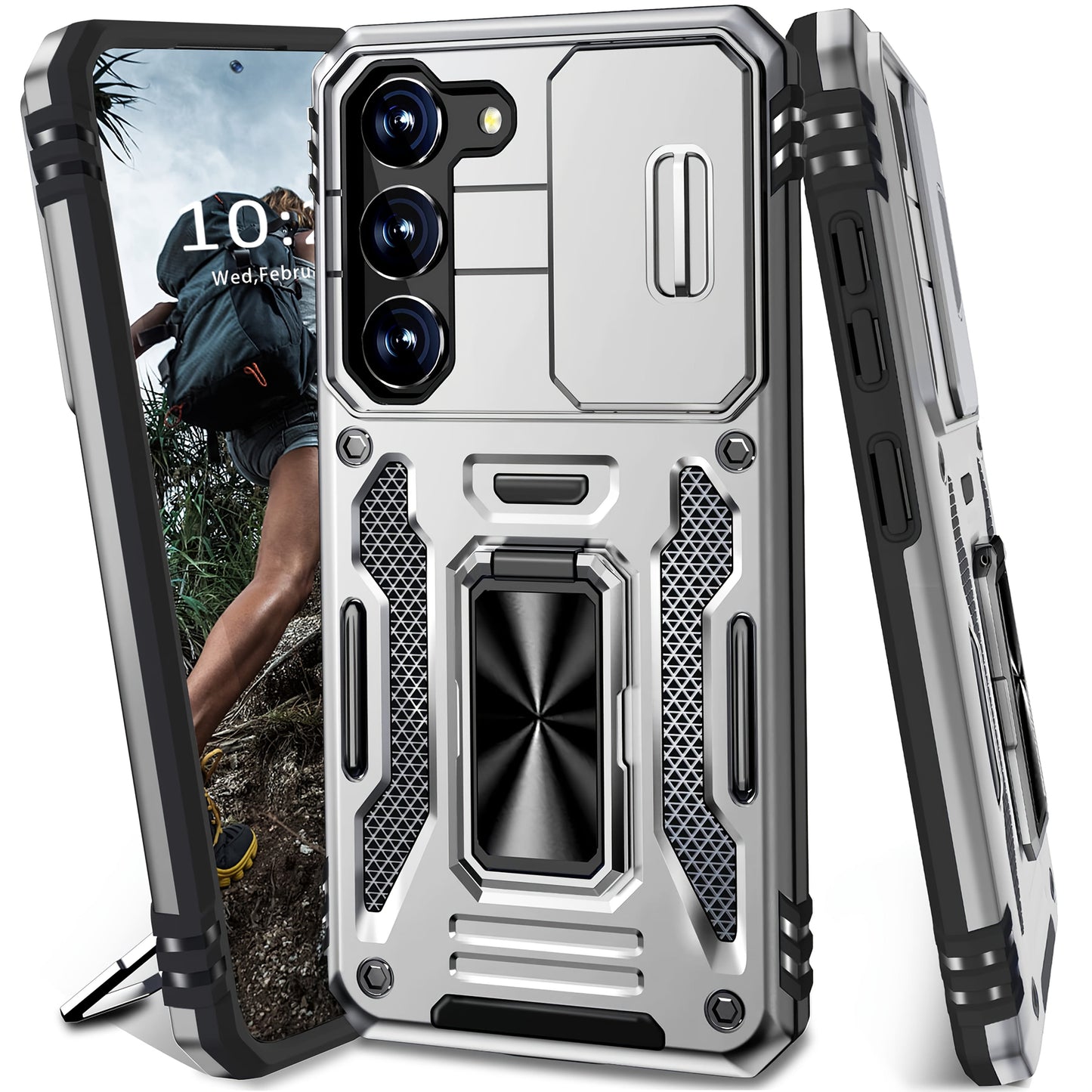 Samsung Galaxy Shockproof Magnetic Phone Case with 360° Rotating Ring Bracket & Sliding Lens Protector – Heavy Duty Cover for S24FE S23FE S22 S21FE Ultra A55 A54 A35 A34 A25 A24 A16 A15 A14 A06 A05 A05S 5G