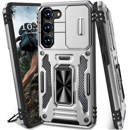 Samsung Galaxy Shockproof Magnetic Phone Case with 360° Rotating Ring Bracket & Sliding Lens Protector – Heavy Duty Cover for S24FE S23FE S22 S21FE Ultra A55 A54 A35 A34 A25 A24 A16 A15 A14 A06 A05 A05S 5G