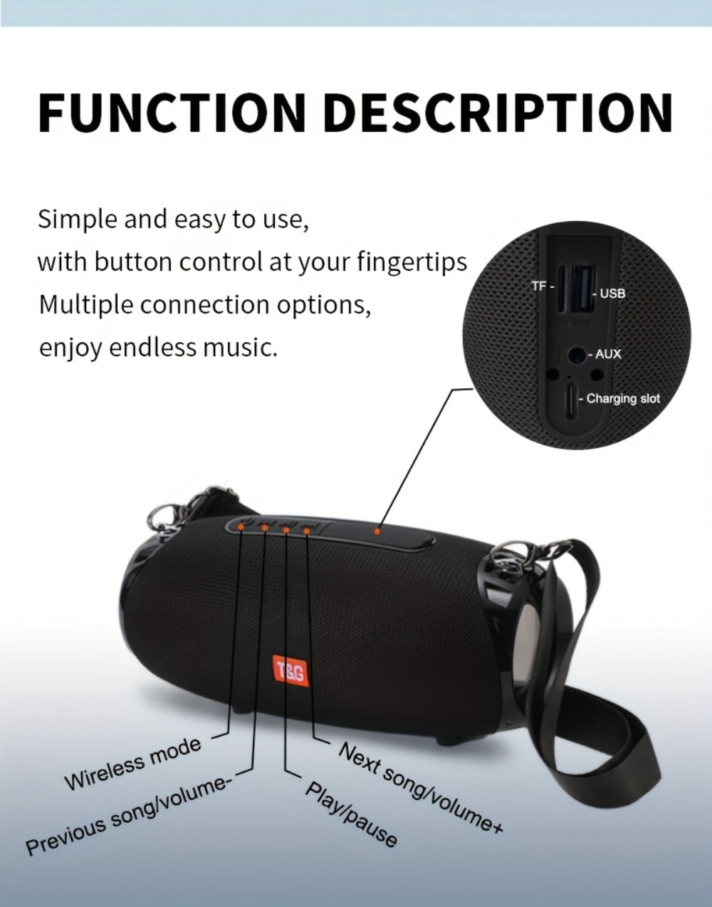 Portable Bluetooth Speaker TG534 with Dual Drivers, TWS, FM Radio, TF, USB and Built-In Microphone