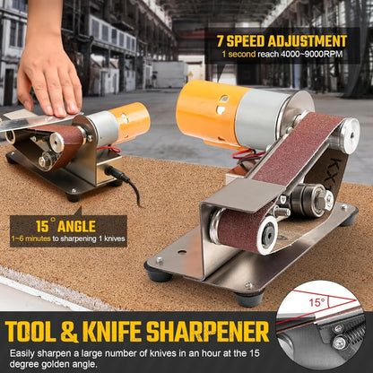 Mini Belt Sander 15° Angle - 7-Speed Electric Belt Grinder Knife Sharpener Kit with 30 Sanding Belts for Metal, Woodworking & Knife Making