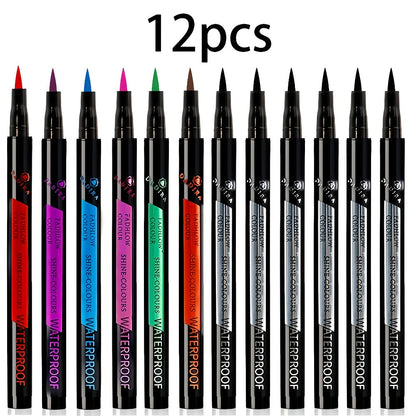 Fine-Tip Liquid Eyeliner Pen Set with Twelve Black and Bright Color Pens for Graphic Eye Looks